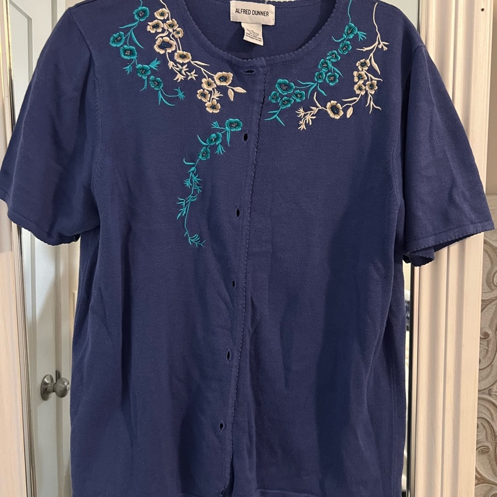 Alfred Dunner Blue Top with Floral Embroidery